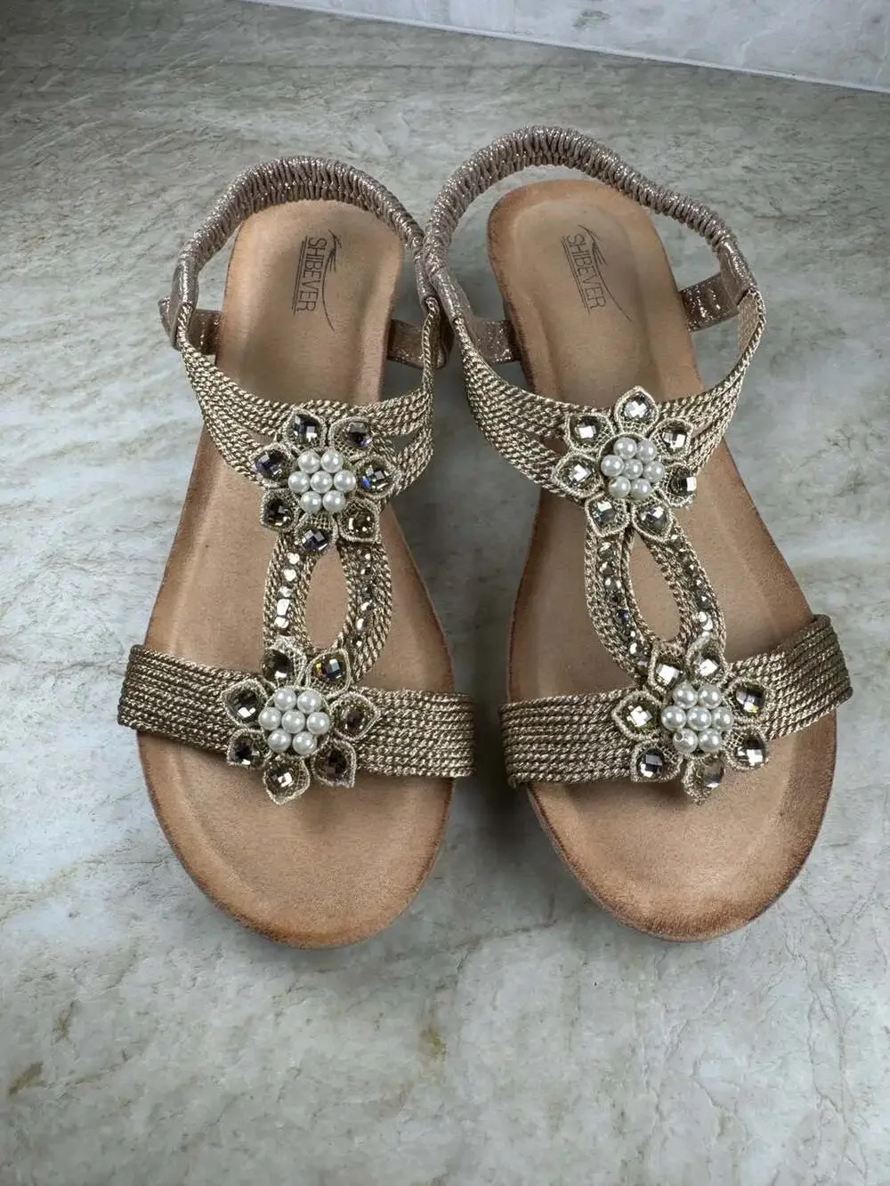 SHIBEVER Champagne Rhinestone Low Wedge Sandals Elastic Strap Women’s EU 40